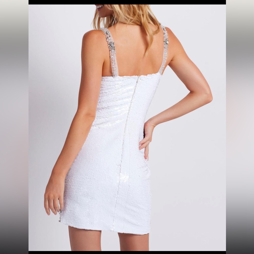 PatBO White Sequin Mini Dress with Silver Beaded Trim - Picture 11 of 11
